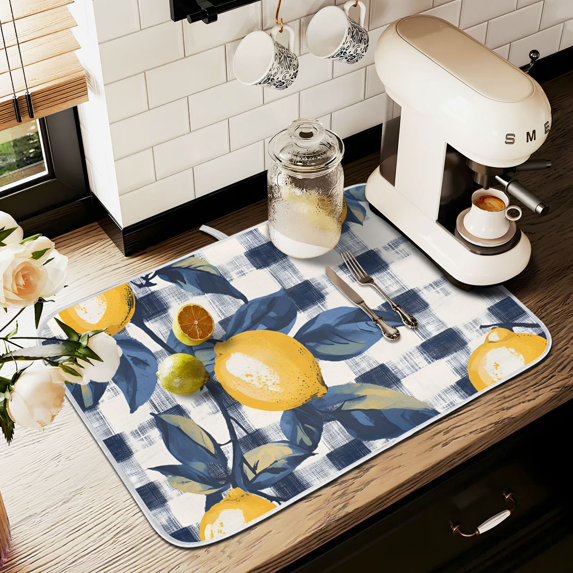 Yayeee Dish Drying Mat for Kitchen Counter 18" x 24" Microfiber Super Absorbent Coffee Decorative Pad, Beige Plaid Lemon