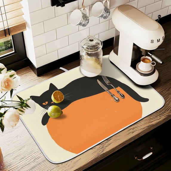 Yayeee Dish Drying Mat for Kitchen Counter 16" x 18" Microfiber Super Absorbent Coffee Decorative Pad, Black Cat Orange Ball