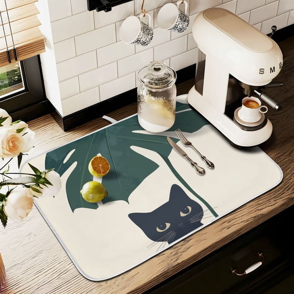 Yayeee Drying Mat for Kitchen Counter Dishes Microfiber Coffee Decorative Pad, Black Cat Plants