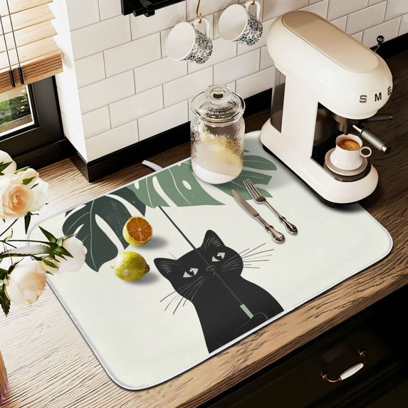 Yayeee Dish Drying Mat for Kitchen Counter 16" x 18" Microfiber Super Absorbent Coffee Decorative Pad, Black Cat Umbrella