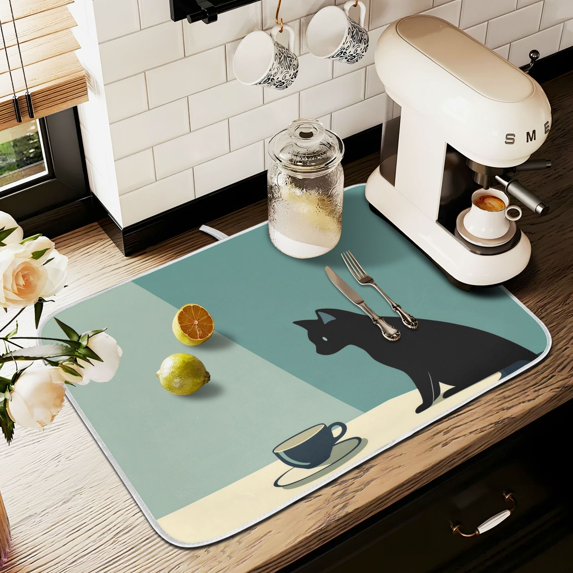Yayeee Drying Mat for Kitchen Counter Dishes Microfiber Coffee Decorative Pad, Black Cat