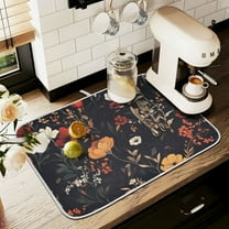 Yayeee Drying Mat for Kitchen Counter Dishes Microfiber Coffee Decorative Pad, Black Floral Pattern