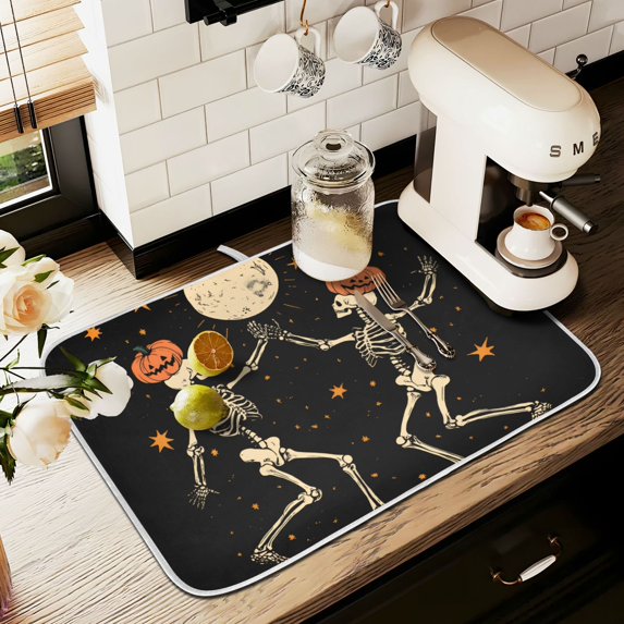 Yayeee Dish Drying Mat for Kitchen Counter 16" x 18" Microfiber Super Absorbent Coffee Decorative Pad, Black Halloween Dancing