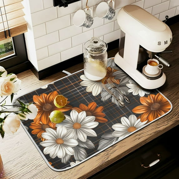 Yayeee Dish Drying Mat for Kitchen Counter 18" x 24" Microfiber Super Absorbent Coffee Decorative Pad, Black Plaid Floral