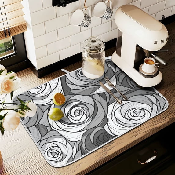 Yayeee Dish Drying Mat for Kitchen Counter 16" x 18" Microfiber Super Absorbent Coffee Decorative Pad, Black Roses