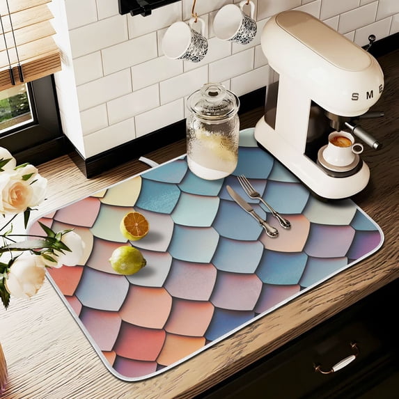 Yayeee Dish Drying Mat for Kitchen Counter 18" x 24" Microfiber Super Absorbent Coffee Decorative Pad, Blue Art Pattern