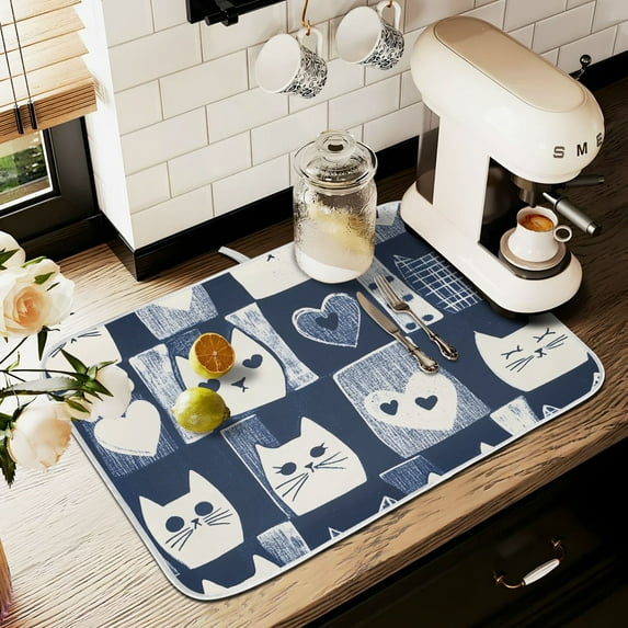 Yayeee Dish Drying Mat for Kitchen Counter 16" x 18" Microfiber Super Absorbent Coffee Decorative Pad, Blue Cats and Hearts
