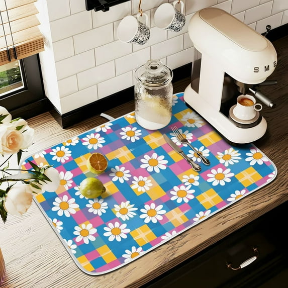 Yayeee Dish Drying Mat for Kitchen Counter 18" x 24" Microfiber Super Absorbent Coffee Decorative Pad, Blue Checkered Daisy