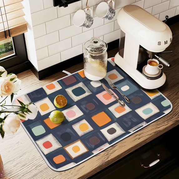 Yayeee Dish Drying Mat for Kitchen Counter 16" x 18" Microfiber Super Absorbent Coffee Decorative Pad, Blue Circle Mosaic