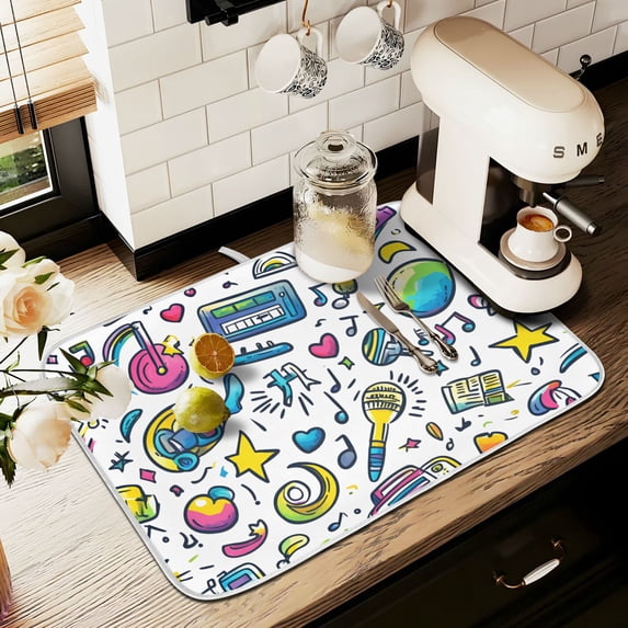 Yayeee Dish Drying Mat for Kitchen Counter 18" x 24" Microfiber Super Absorbent Coffee Decorative Pad, Blue Doodle Pattern