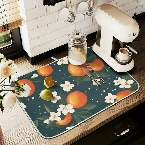 Yayeee Dish Drying Mat for Kitchen Counter 16" x 18" Microfiber Super Absorbent Coffee Decorative Pad, Blue Floral Oranges