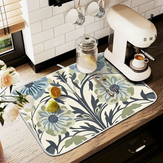 Yayeee Dish Drying Mat for Kitchen Counter 16" x 18" Microfiber Super Absorbent Coffee Decorative Pad, Blue Floral Pattern