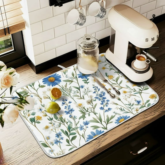 Yayeee Dish Drying Mat for Kitchen Counter 16" x 18" Microfiber Super Absorbent Coffee Decorative Pad, Blue Floral