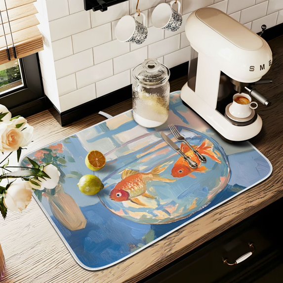 Yayeee Dish Drying Mat for Kitchen Counter 18" x 24" Microfiber Super Absorbent Coffee Decorative Pad, Blue Goldfish