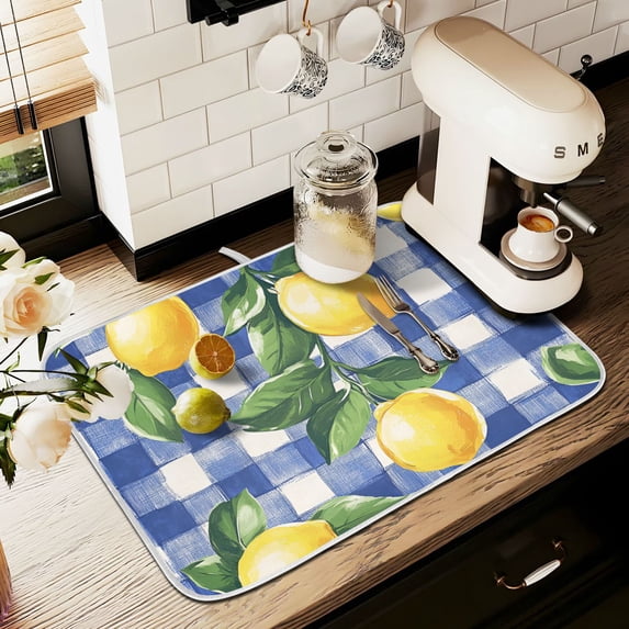 Yayeee Dish Drying Mat for Kitchen Counter 18" x 24" Microfiber Super Absorbent Coffee Decorative Pad, Blue Plaid Lemon