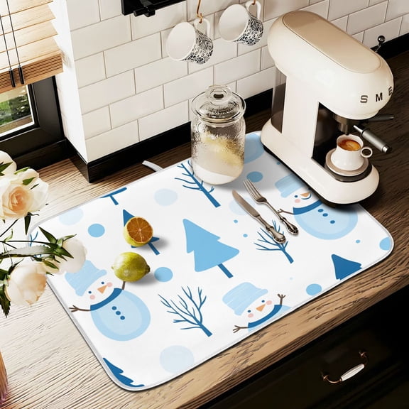 Yayeee Dish Drying Mat for Kitchen Counter 16" x 18" Microfiber Super Absorbent Coffee Decorative Pad, Blue Simple Cartoon Snowmen