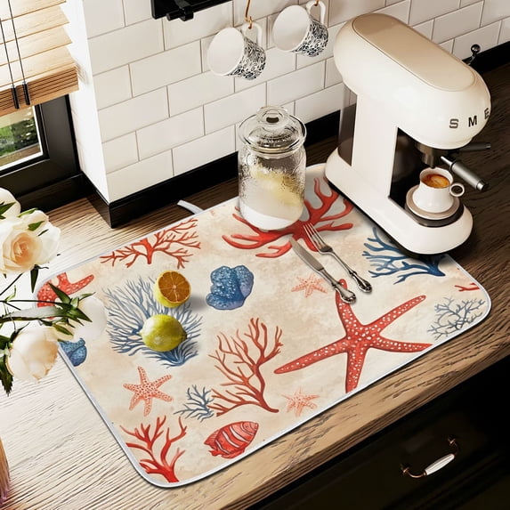Yayeee Dish Drying Mat for Kitchen Counter 16" x 18" Microfiber Super Absorbent Coffee Decorative Pad, Blue Starfish