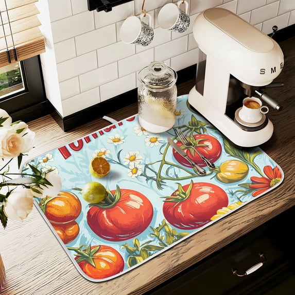 Yayeee Dish Drying Mat for Kitchen Counter 18" x 24" Microfiber Super Absorbent Coffee Decorative Pad, Blue Tomatoes