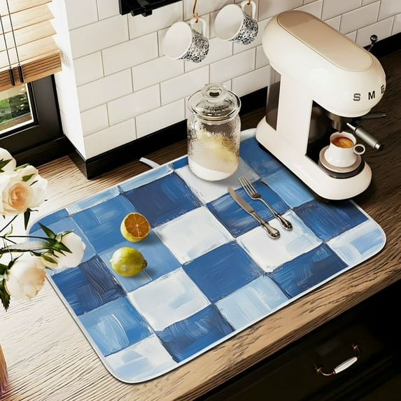 Yayeee Dish Drying Mat for Kitchen Counter 16" x 18" Microfiber Super Absorbent Coffee Decorative Pad, Blue and Gray Plaid Pattern