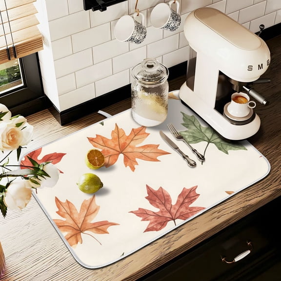 Yayeee Dish Drying Mat for Kitchen Counter 16" x 18" Microfiber Super Absorbent Coffee Decorative Pad, Brown Autumn Leaves