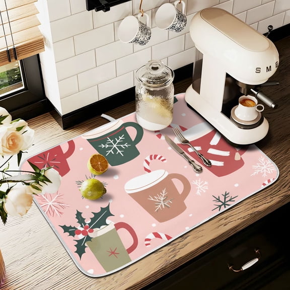 Yayeee Dish Drying Mat for Kitchen Counter 18" x 24" Microfiber Super Absorbent Coffee Decorative Pad, Brown Christmas Cups