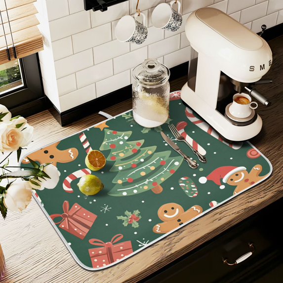 Yayeee Dish Drying Mat for Kitchen Counter 18" x 24" Microfiber Super Absorbent Coffee Decorative Pad, Brown Christmas Gingerbread