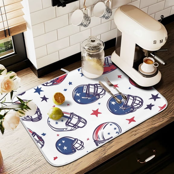 Yayeee Dish Drying Mat for Kitchen Counter 18" x 24" Microfiber Super Absorbent Coffee Decorative Pad, Cartoon American Football Helmets