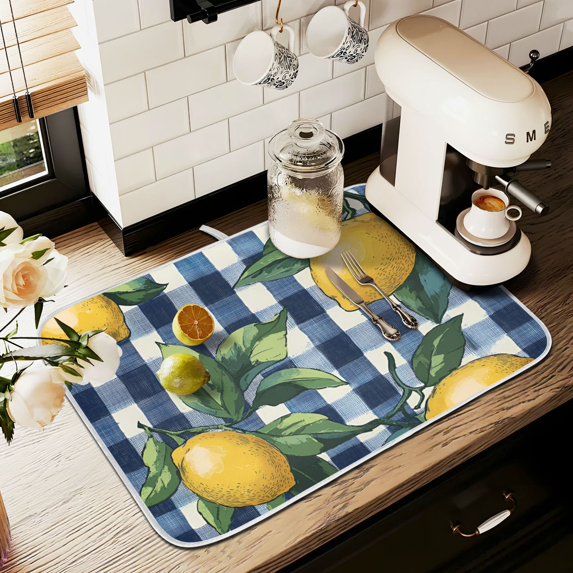 Yayeee Dish Drying Mat for Kitchen Counter 16" x 18" Microfiber Super Absorbent Coffee Decorative Pad, Cartoon Beige Lemon