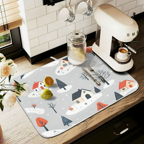 Yayeee Dish Drying Mat for Kitchen Counter 16" x 18" Microfiber Super Absorbent Coffee Decorative Pad, Cartoon Blue Houses