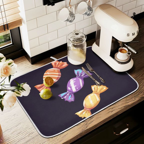 Yayeee Dish Drying Mat for Kitchen Counter 16" x 18" Microfiber Super Absorbent Coffee Decorative Pad, Cartoon Candy
