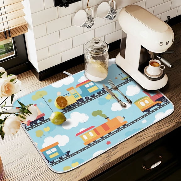 Yayeee Drying Mat for Kitchen Counter Dishes Microfiber Coffee Decorative Pad, Cartoon Train Pattern