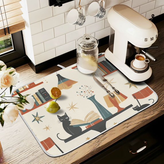 Yayeee Dish Drying Mat for Kitchen Counter 16" x 18" Microfiber Super Absorbent Coffee Decorative Pad, Cats Reading Pattern