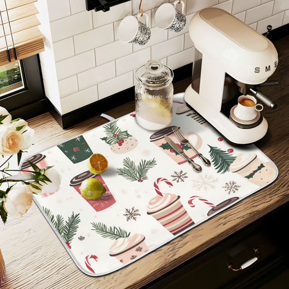 Yayeee Dish Drying Mat for Kitchen Counter 18" x 24" Microfiber Super Absorbent Coffee Decorative Pad, Christmas Cups