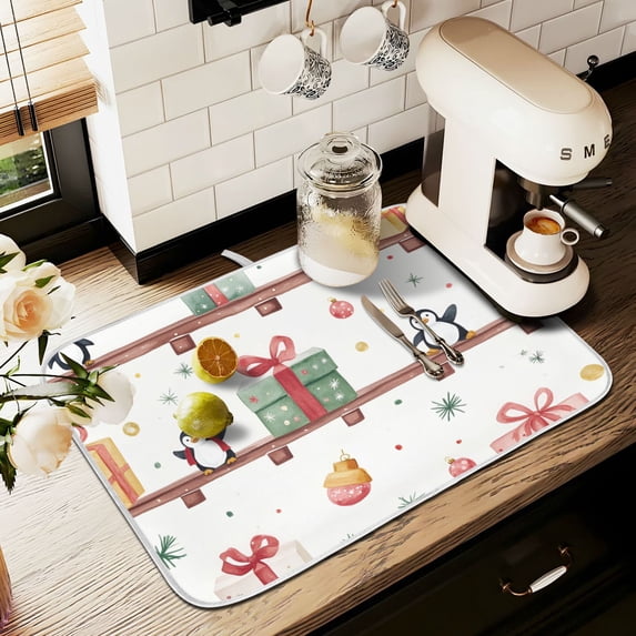 Yayeee Dish Drying Mat for Kitchen Counter 18" x 24" Microfiber Super Absorbent Coffee Decorative Pad, Christmas Box Train