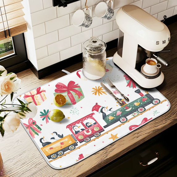 Yayeee Dish Drying Mat for Kitchen Counter 16" x 18" Microfiber Super Absorbent Coffee Decorative Pad, Christmas Penguin