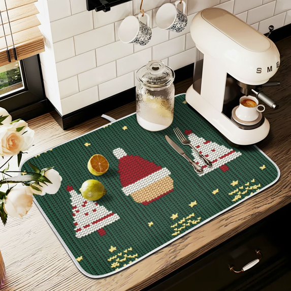 Yayeee Dish Drying Mat for Kitchen Counter 18" x 24" Microfiber Super Absorbent Coffee Decorative Pad, Christmas Santa Hats
