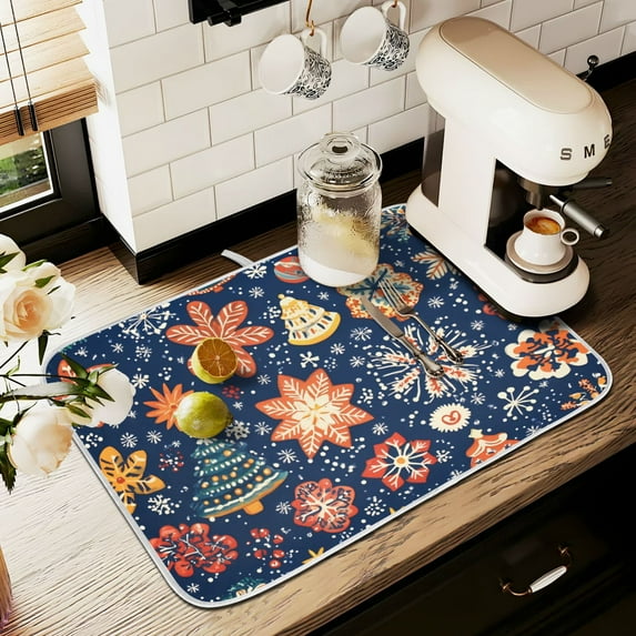 Yayeee Dish Drying Mat for Kitchen Counter 18" x 24" Microfiber Super Absorbent Coffee Decorative Pad, Christmas Splendor