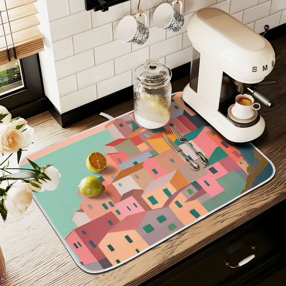 Yayeee Dish Drying Mat for Kitchen Counter 18" x 24" Microfiber Super Absorbent Coffee Decorative Pad, Cityscape Painting