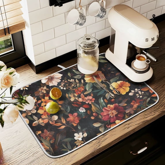 Yayeee Dish Drying Mat for Kitchen Counter 16" x 18" Microfiber Super Absorbent Coffee Decorative Pad, Colorful Flower