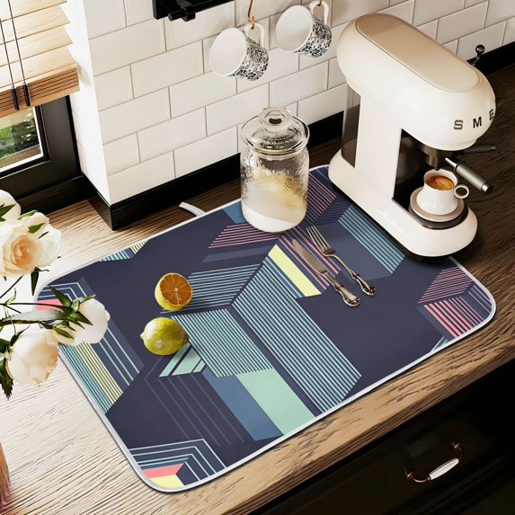Yayeee Dish Drying Mat for Kitchen Counter 18" x 24" Microfiber Super Absorbent Coffee Decorative Pad, Cube Stripes