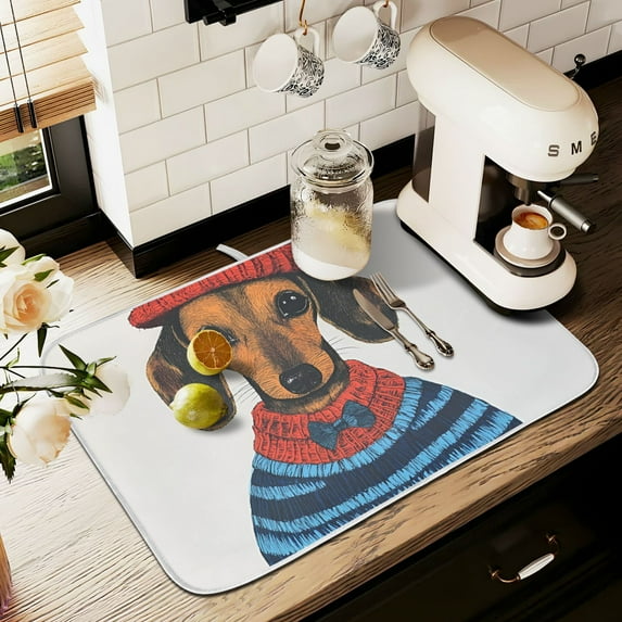 Yayeee Dish Drying Mat for Kitchen Counter 16" x 18" Microfiber Super Absorbent Coffee Decorative Pad, Cute Dog Artist