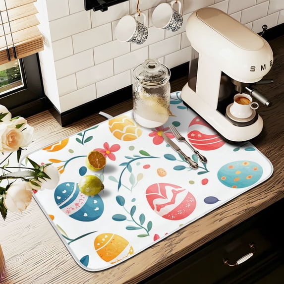 Yayeee Dish Drying Mat for Kitchen Counter 18" x 24" Microfiber Super Absorbent Coffee Decorative Pad, Cute Easter Eggs
