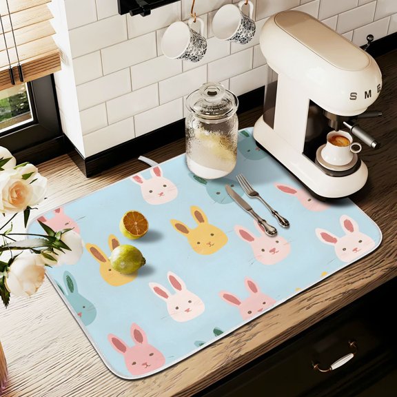 Yayeee Dish Drying Mat for Kitchen Counter 18" x 24" Microfiber Super Absorbent Coffee Decorative Pad, Cute Rabbits