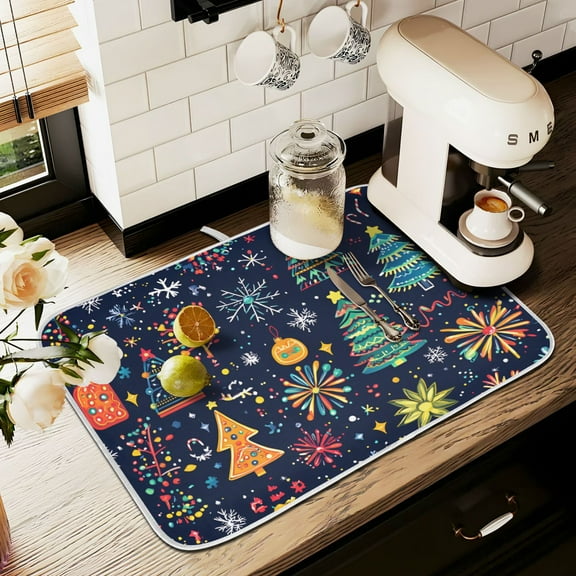 Yayeee Drying Mat for Kitchen Counter Dishes Microfiber Coffee Decorative Pad, Dark Blue Christmas