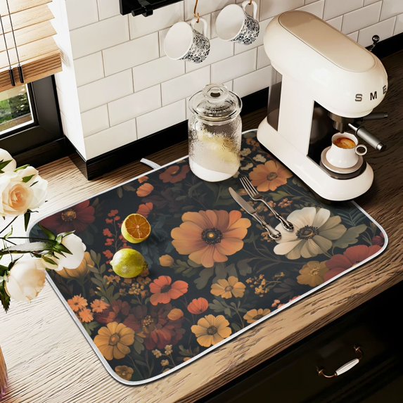 Yayeee Dish Drying Mat for Kitchen Counter 18" x 24" Microfiber Super Absorbent Coffee Decorative Pad, Dark Floral Pattern
