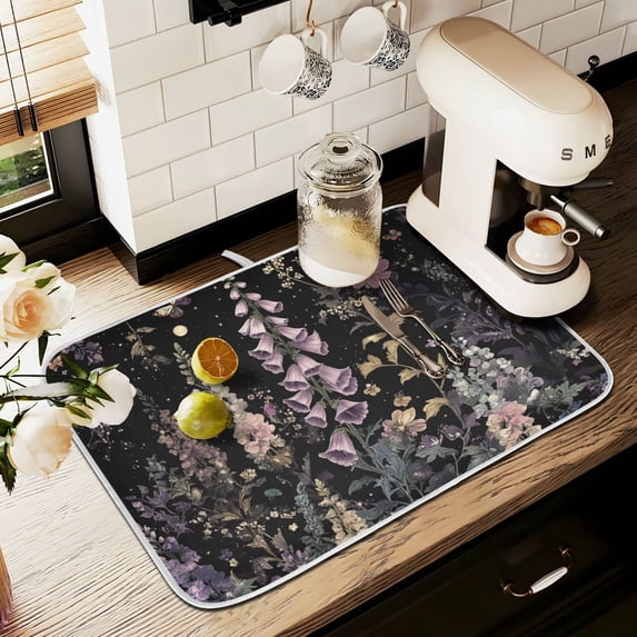 Yayeee Dish Drying Mat for Kitchen Counter 18" x 24" Microfiber Super Absorbent Coffee Decorative Pad, Dark Flowers Pattern