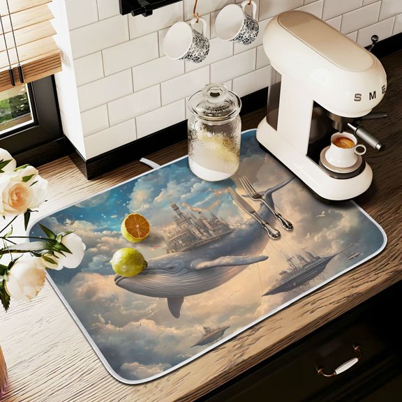 Yayeee Dish Drying Mat for Kitchen Counter 16" x 18" Microfiber Super Absorbent Coffee Decorative Pad, Floating Whale