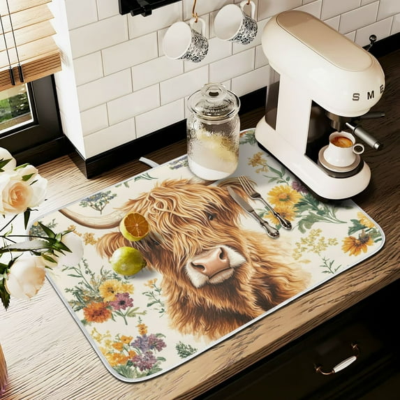Yayeee Dish Drying Mat for Kitchen Counter 16" x 18" Microfiber Super Absorbent Coffee Decorative Pad, Floral Cow