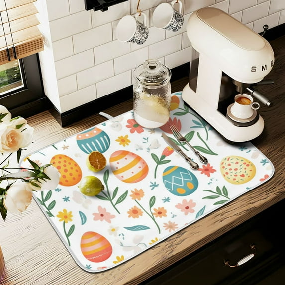 Yayeee Drying Mat for Kitchen Counter Dishes Microfiber Coffee Decorative Pad, Floral Easter Eggs