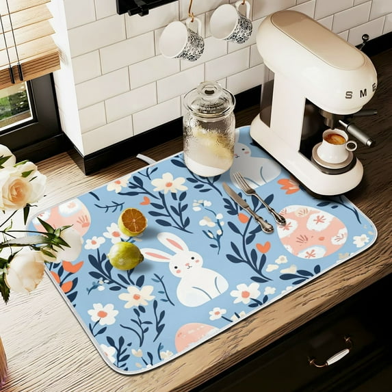 Yayeee Dish Drying Mat for Kitchen Counter 16" x 18" Microfiber Super Absorbent Coffee Decorative Pad, Floral Easter Rabbits